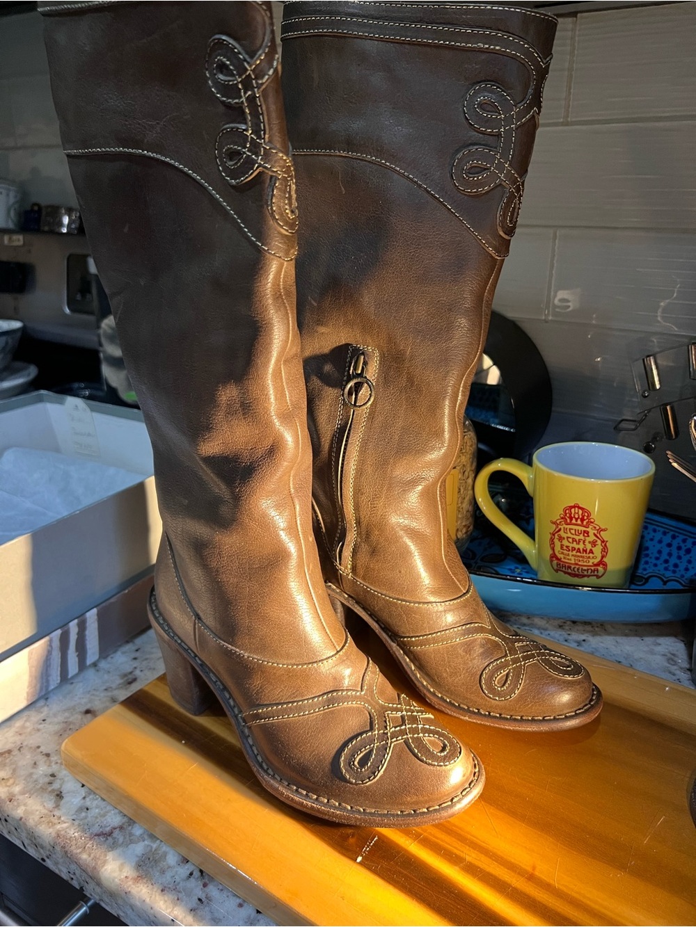 Fiorentini + Baker BRAND NEW Brown Leather Knee Boots with Decorative Stitching